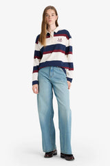 Oversize Wide Fit Polo Collar Striped Print Sweatshirt