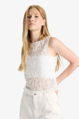 Fitted Crew Neck Sleeveless Lace Blouse