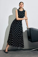 Crew Neck Polka Dot Poplin Sleeveless Midi Dress