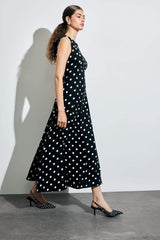 Crew Neck Polka Dot Poplin Sleeveless Midi Dress