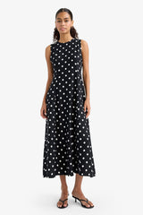 Crew Neck Polka Dot Poplin Sleeveless Midi Dress