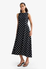 Crew Neck Polka Dot Poplin Sleeveless Midi Dress