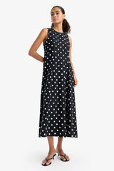 Crew Neck Polka Dot Poplin Sleeveless Midi Dress