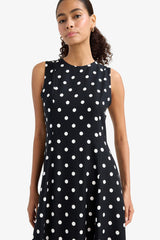 Crew Neck Polka Dot Poplin Sleeveless Midi Dress