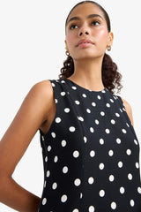 Crew Neck Polka Dot Poplin Sleeveless Midi Dress