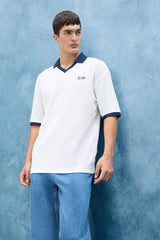 Boxy Fit Relaxed Cut Polo Neck Contrast Color Textured Short Sleeve T-Shirt