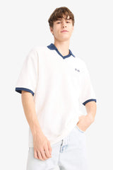 Boxy Fit Relaxed Cut Polo Neck Contrast Color Textured Short Sleeve T-Shirt