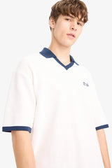 Boxy Fit Relaxed Cut Polo Neck Contrast Color Textured Short Sleeve T-Shirt