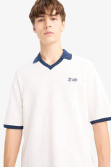 Boxy Fit Relaxed Cut Polo Neck Contrast Color Textured Short Sleeve T-Shirt