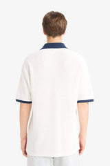 Boxy Fit Relaxed Cut Polo Neck Contrast Color Textured Short Sleeve T-Shirt