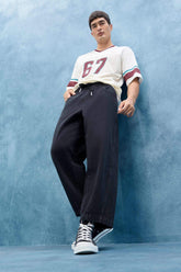 100% Cotton Barrel Fit Elastic Waist Tie-Down Wide Leg Jean Washed Trousers