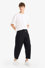 100% Cotton Barrel Fit Elastic Waist Tie-Down Wide Leg Jean Washed Trousers