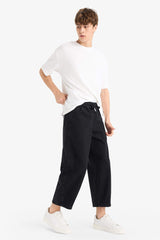 100% Cotton Barrel Fit Elastic Waist Tie-Down Wide Leg Jean Washed Trousers