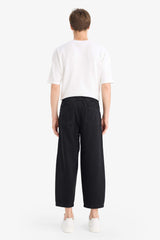 100% Cotton Barrel Fit Elastic Waist Tie-Down Wide Leg Jean Washed Trousers