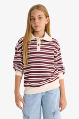 Girl's Relax Fit Polo Collar Striped Long Sleeve School T-Shirt