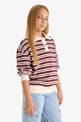 Girl's Relax Fit Polo Collar Striped Long Sleeve School T-Shirt