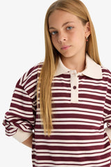 Girl's Relax Fit Polo Collar Striped Long Sleeve School T-Shirt