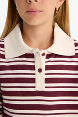Girl's Relax Fit Polo Collar Striped Long Sleeve School T-Shirt