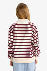 Girl's Relax Fit Polo Collar Striped Long Sleeve School T-Shirt