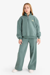 Girls 2-Piece Set Printed Half Zippered Sweatshirt Wide Leg Tracksuit Bottoms