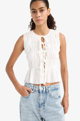 Slim Fit, Slim Cut, Crew Neck, Tied Textured Sleeveless Blouse