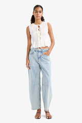 Slim Fit, Slim Cut, Crew Neck, Tied Textured Sleeveless Blouse