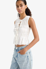 Slim Fit, Slim Cut, Crew Neck, Tied Textured Sleeveless Blouse