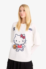 Hello Kitty Oversize Wide Pattern Crew Neck Long Sleeve T-Shirt