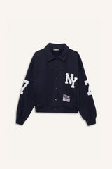 Polo Collar Printed Snap-On Bomber Jacket