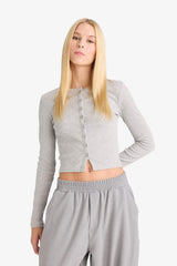 Fitted Crew Neck Ribbed Cardigan