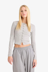 Fitted Crew Neck Ribbed Cardigan