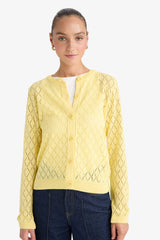 Regular Fit Crew Neck Openwork Buttoned Knit Cardigan