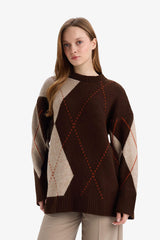 Regular Fit Crew Neck Diamond Pattern Knit Sweater Tunic