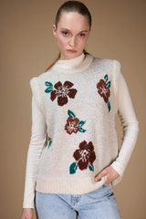Regular Fit Crew Neck Floral Pattern Knit Sweater