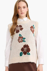 Regular Fit Crew Neck Floral Pattern Knit Sweater