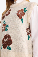 Regular Fit Crew Neck Floral Pattern Knit Sweater