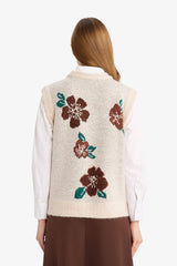 Regular Fit Crew Neck Floral Pattern Knit Sweater