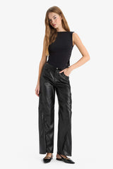 Wide Leg Zip-Up Regular Waist Standard Length Faux Leather Pants