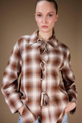 Regular Fit Checkered Flannel Front Tie Long Sleeve Tunic