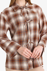 Regular Fit Checkered Flannel Front Tie Long Sleeve Tunic