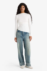 Slim Fit Narrow Cut Boat Neck Ribbed Long Sleeve T-shirt