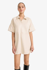 A-Line Polo Neck Suede Short Sleeve Mini Dress