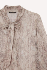 Regular Fit Bow Neck Snake Pattern Chiffon Long Sleeve Blouse