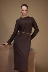 Regular Fit Crew Neck Long Sleeve Belted Maxi Dress