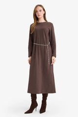 Regular Fit Crew Neck Long Sleeve Belted Maxi Dress