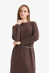 Regular Fit Crew Neck Long Sleeve Belted Maxi Dress