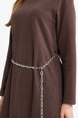 Regular Fit Crew Neck Long Sleeve Belted Maxi Dress