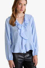 Regular Fit V-Neck Modal Ruffled Long-Sleeve Blouse