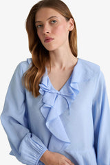 Regular Fit V-Neck Modal Ruffled Long-Sleeve Blouse