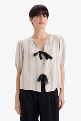 Regular Fit Crew Neck Linen Blend Front Tie Short Sleeve Blouse